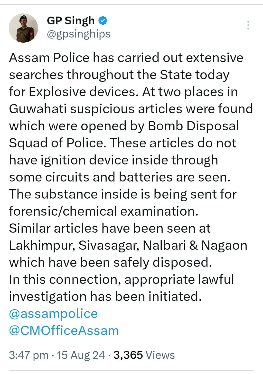 Assam DGP GP Singh's post on social media  